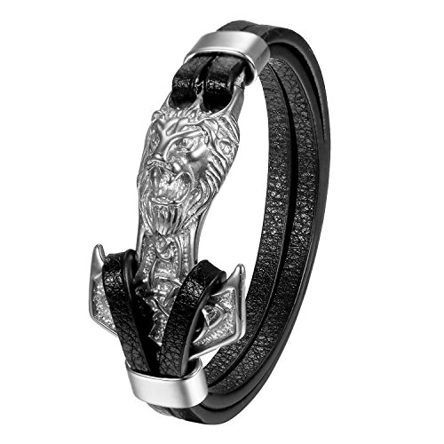 Cupimatch Premium Leder Armband Herren Thor Hammer Löwe Kopf Vintage geflochten 21,5cm Flechtarmband, Silber