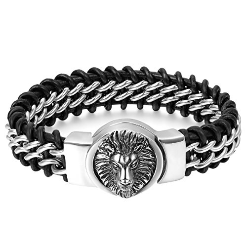 Cupimatch Herren Retro Breites Lederarmband, Gotik Punk Rock Edelstahl Kreis Löwe Kopf geflochten Manschette Kordelkette Armband Panzerkette, schwarz Silber