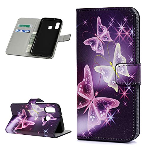 Kompatible mit Samsung Galaxy A40 Hülle Lader Tasche PU Lader Hülle Gemalt Muster Flip Brieftasche Kartenhalter Magnetschnalle Ständer Stoßfest Kratzfest Stoßstange Handyhülle Lila Schmetterling