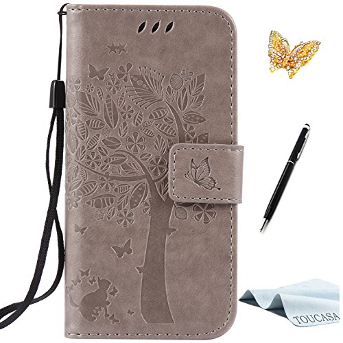 iPhone 6/6S Hülle,TOUCASA Lederhülle Handyhülle Flip Tasche Case Niedlich Katzen und Bäume Muster Stand-Funktion Kredit und Tasche Case iPhone 6/6S + 1 x Eingabestift + 1 x Glitzer Staub Stecker,Grau