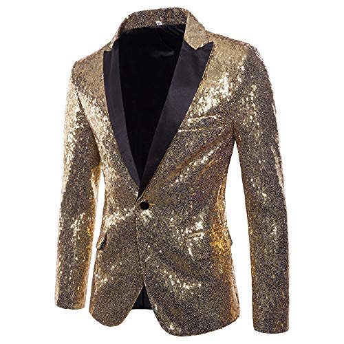 Gusspower Herren Sakkos Blazer Slim Fit Gold Pailletten Einreihig Revers Anzugjacke Party Smoking Performance Kostüm Mantel