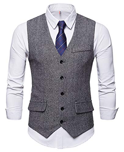 WHATLEES Herren Schmale Tweed Weste mit Zweireihige Knopfleiste, Ba0116-gray, M