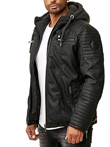 Red Bridge Herren Kunst- Lederjacke Kunstleder Bikerjacke mit Sweat- Kapuze 2in1, Schwarz – Kunstleder, XL