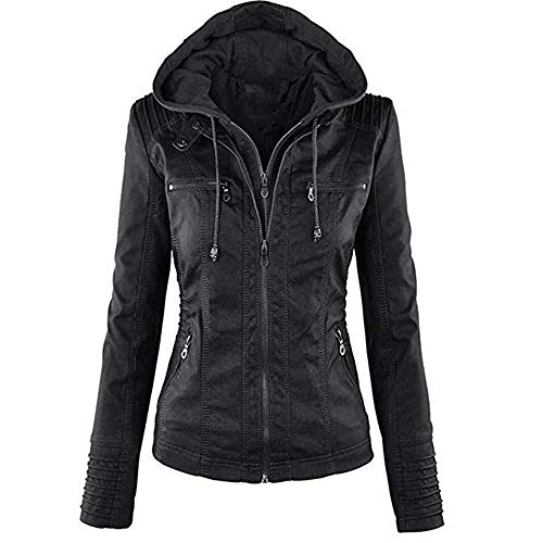 Newbestyle Kapuzen Kunstleder Damen Jacke mit Reißverschluss Motorradjacke Bikerjacke Kapuzenjacke Übergangsjacke Ladies Oberbekleidung (Normale EU-Größe)- Gr. S/38, Schwarz