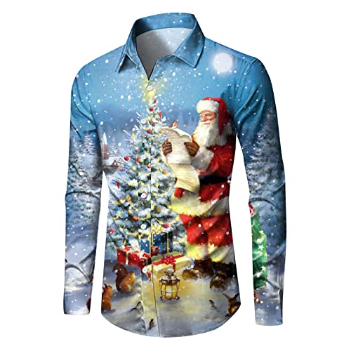 Celucke Weihnachten Hemd Herren Hawaii Hemd 3D Druck Slim Fit Hemden Weihnachtspullover Lustig mit Blumenmuster Langarm Ugly Shirt Freizeithemd X-Mas Hawaiihemd